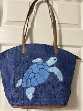 Vera Bradley Regatta Turtle Straw Tote Bag